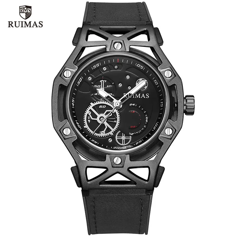RL534G-Black RUIMAS Роскошные Кварцевые часы мужские с кожаным ремешком Топ бренд армейские спортивные аналоговые наручные часы Мужские часы Relogios Masculinos 534 розовый - Цвет: RL534G-Black