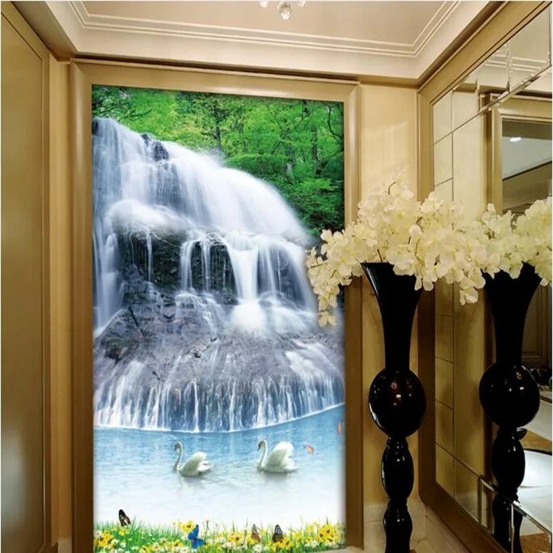 

beibehang Large custom flooring Swan waterfall entrance porch background living room bedroom TV background decoration