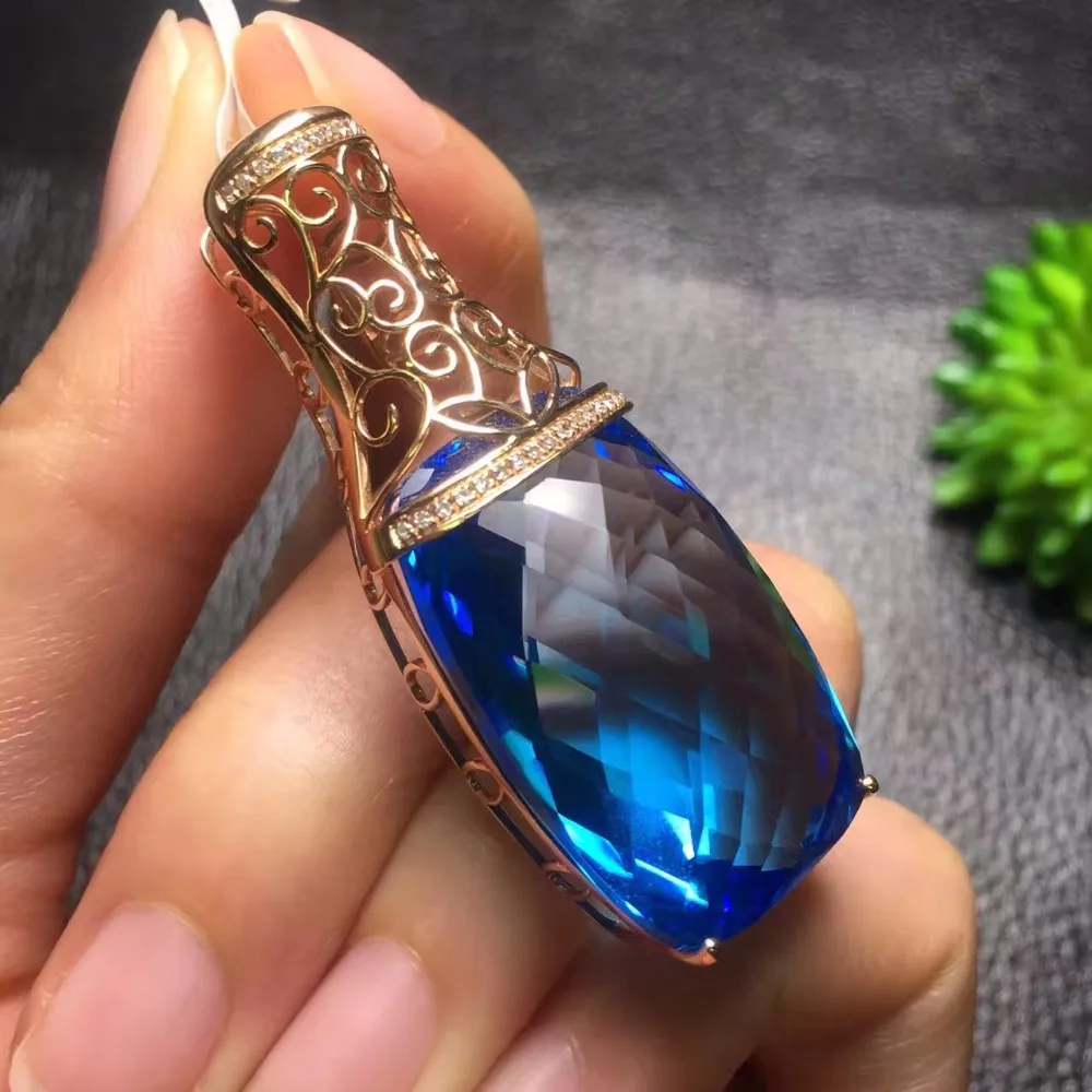 Fine Jewelry Collection Real 18K Rose Gold Natural Blue Topaz Gemstone Pendant Necklace For Women Pendants | Украшения и
