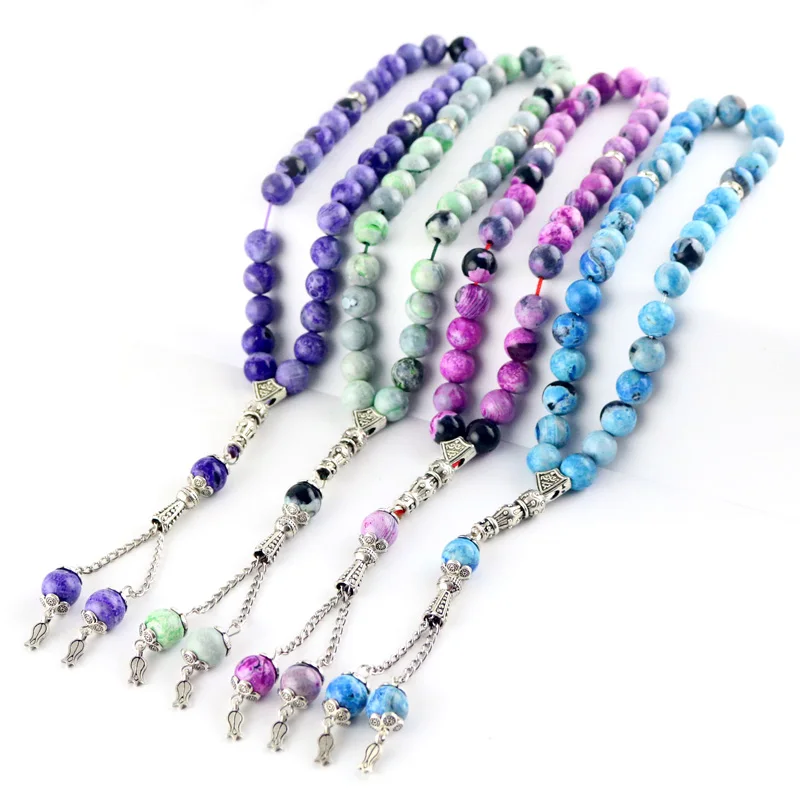 

Натуральный камень зеленый агат 8-10 мм бусины 33 исламские четки мусульманский тасбих Бог женщин фиолетовый браслет Мужчины браслет