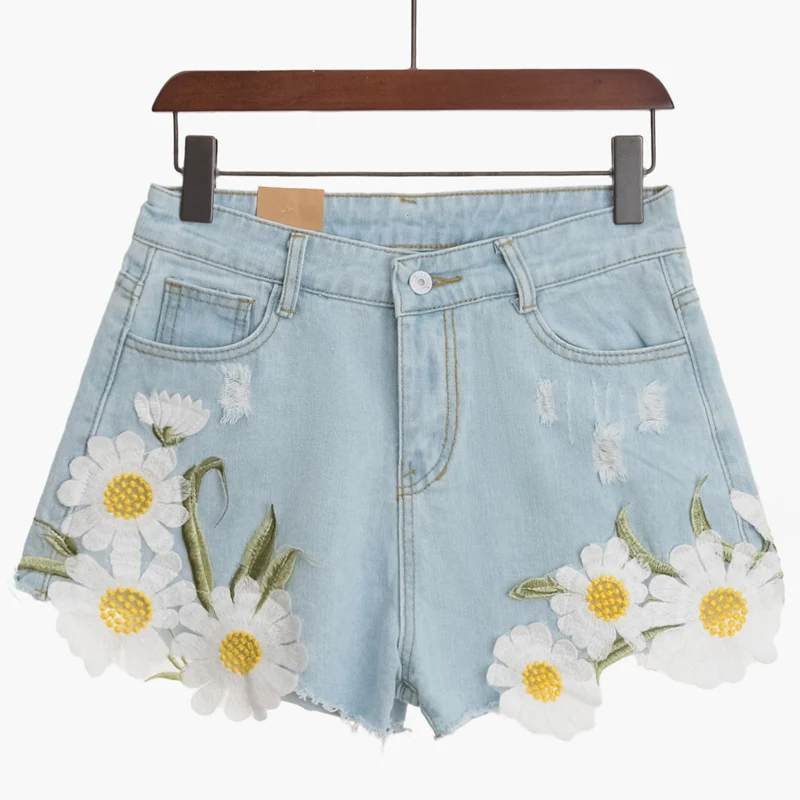 2020 summer sexy wide leg pants high waist shorts women short boyfriend jeans femme exquisite floral embroidery denim |