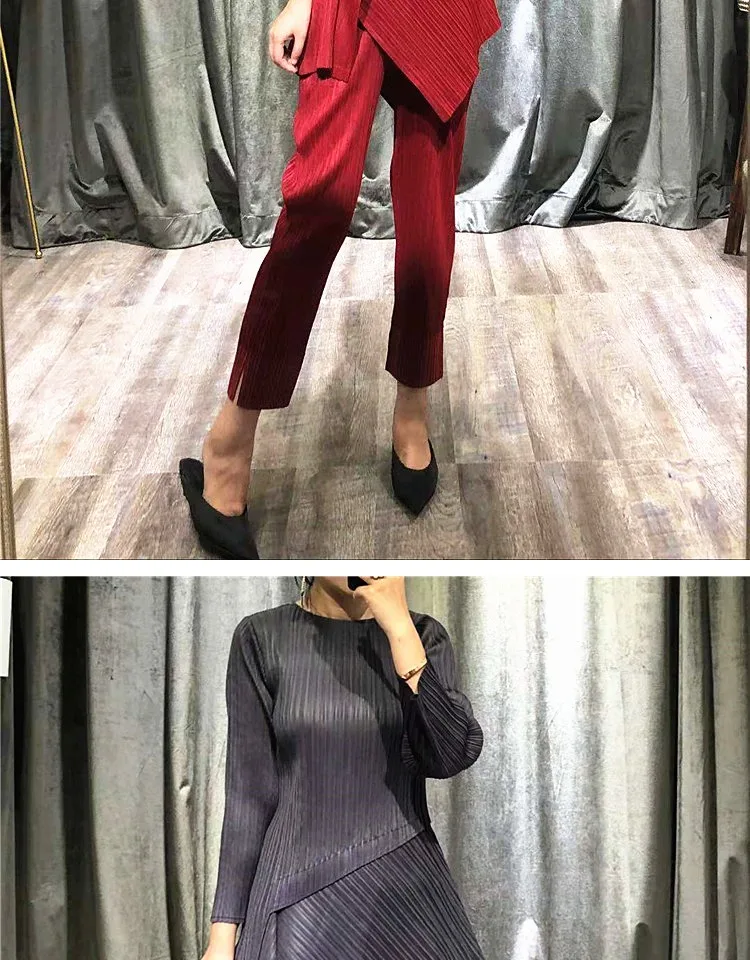 Changpleat Весенние новые женские комплекты Miyak плиссированные Модные Дизайнерские однотонные тонкие эластичные футболки и штаны костюмы из двух частей S9