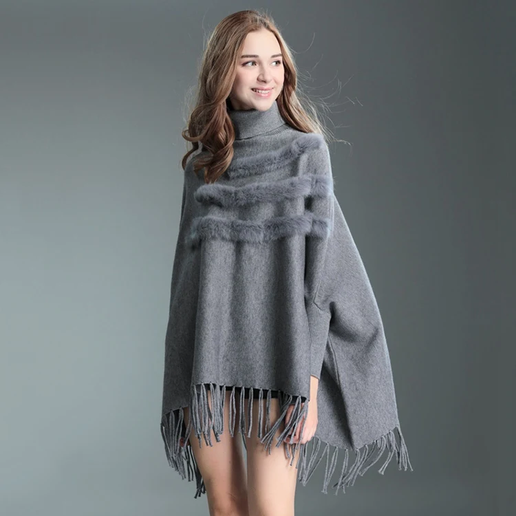 Новинка, пончо, feminino inverno femme, пончо и накидки, пальто с натуральным кроличьим мехом и кисточками, высокий воротник, capa mujer invierno - Цвет: gray