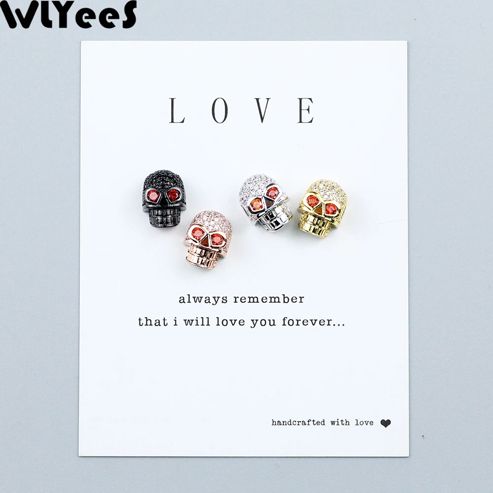 WLYeeS 2 шт. белый циркон череп подвеска медные бусины красные глаза CZ металлические
