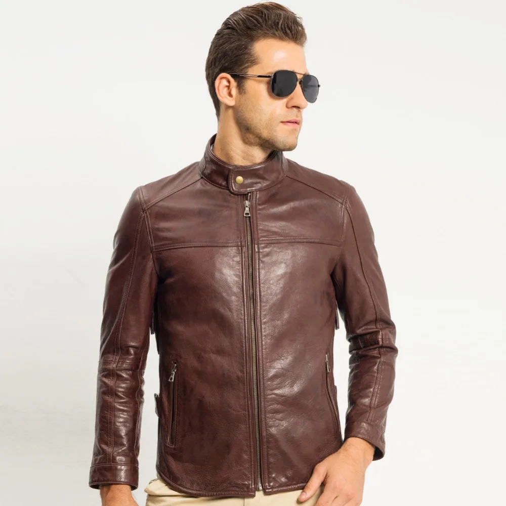 Мужская куртка из коровьей кожи облегающая мотоциклетная 100% натуральной TJ8103|jacket