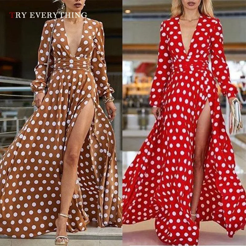 Платье женское в желтый горошек длинное красное платье с длинным рукавом и