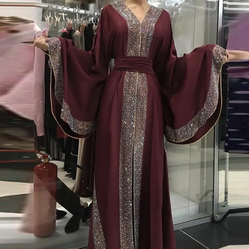 Wine Red cardigan Мусульманский кафтан абайя Дубай Рамадан платье хиджаб Турции Абаи для Для женщин джилбаба Восточный халат из марокена Elbise Катар Оман Исламская Костюмы - Цвет: Wine Red cardigan