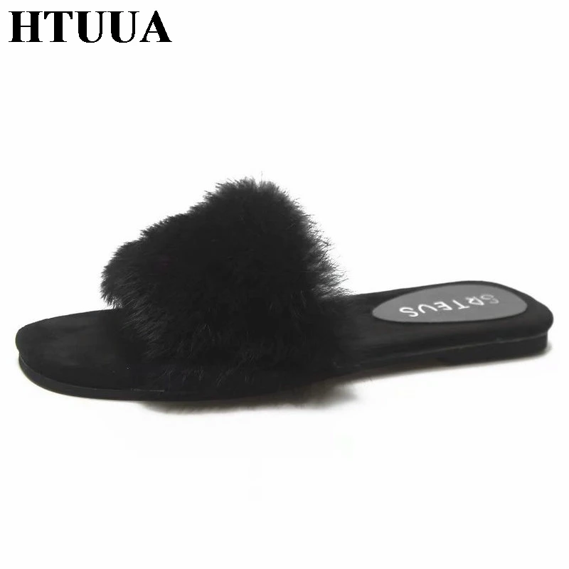 HTUUA/модные пушистые тапочки из искусственного меха женская обувь сандалии на