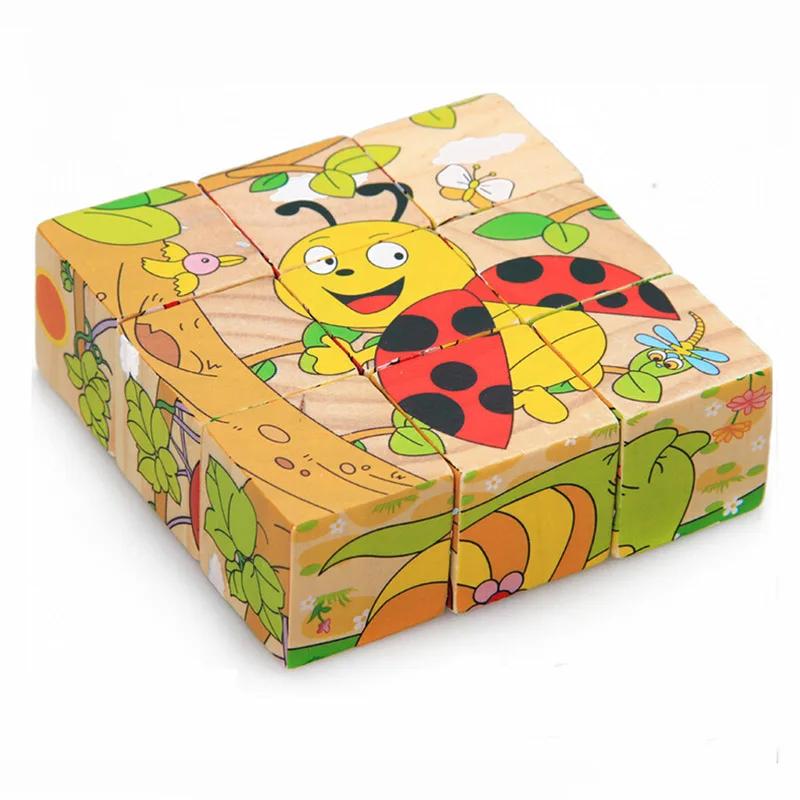 Insects Детская деревянная мультяшная игрушка-головоломка с животными, 6 сторон, головоломка для раннего образования, обучающие игрушки для детей, игра, 9 шт., одиночная 3D головоломка - Цвет: Insects