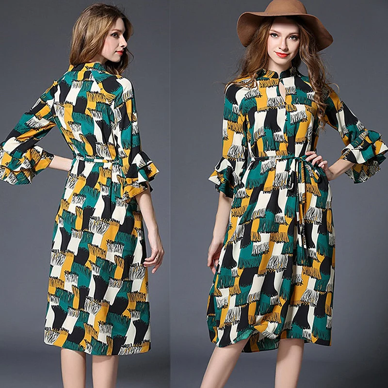 Женская Весна Dress Бабочка Рукавом Мандарин Воротник Sweet Женщины Печати YY 6699|women