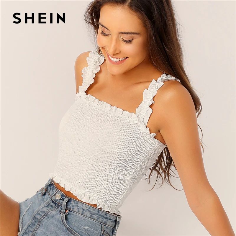 SHEIN модный короткий топ с оборкой, женская одежда, Boho эластичные топы, облегающие топы белого и красного цвета, летние топы