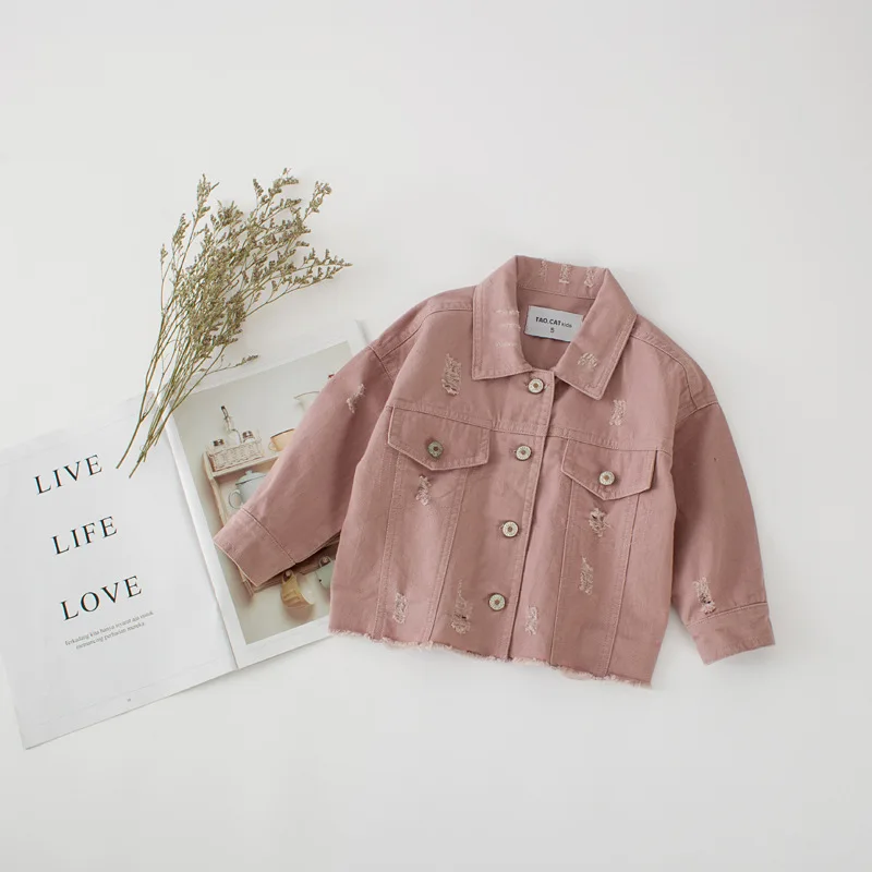 DFXD High Quality 2018 New Children Girls Autumn Long Sleeve Outwear Korean Kids Pink/White Ripped Jacket Toddler Cardigan Coats | Детская