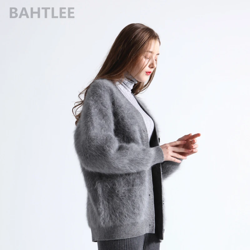 BAHTLEE, зимний шерстяной вязаный женский кардиган из ангоры, свитер, норка, кашемир, v-образный вырез, пуговица, карман, толстый, сохраняет тепло