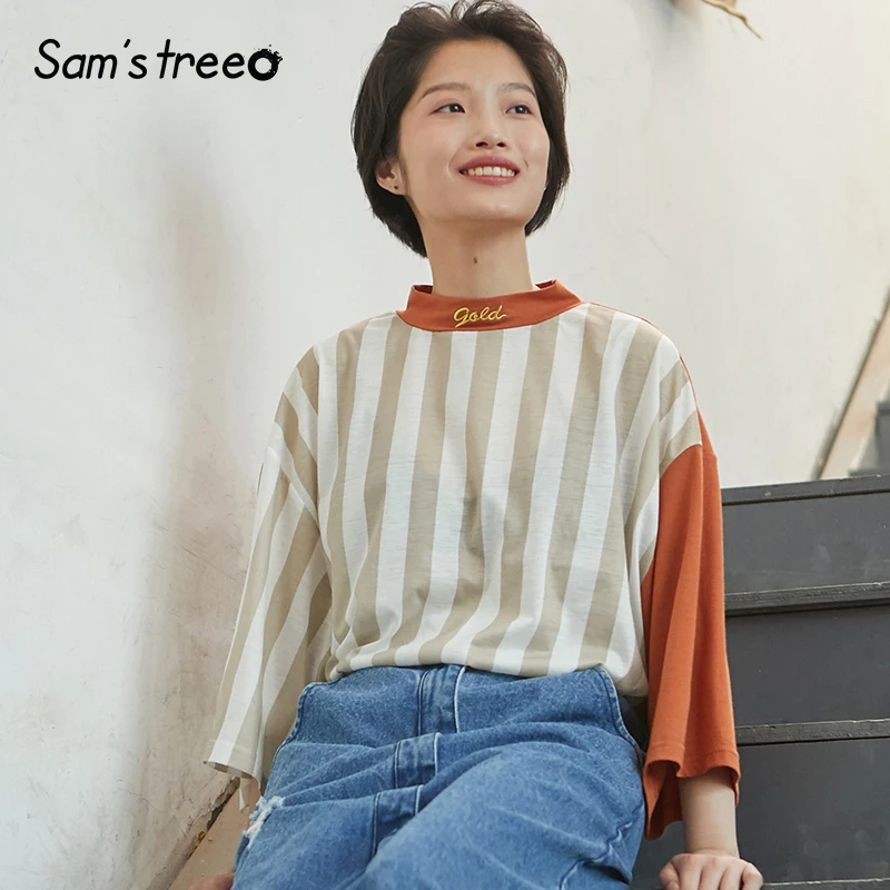 Samstree, летние женские футболки, полосатые Лоскутные женские футболки с воротником, надписями и вышивкой, топы с открытыми плечами, рукав три четверти