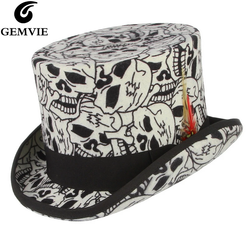 

GEMVIE 100% Wool Felt White Top Hat Skull Mad Hatter Costume Accessory Handmade Cylinder Hat For Women Men Party Fedora