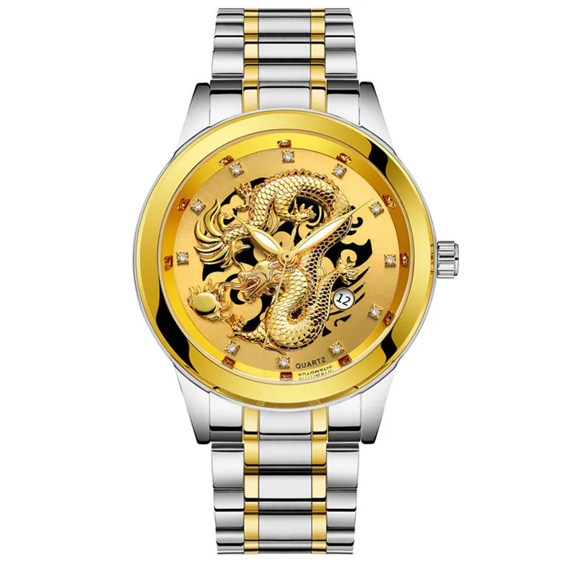2019 водонепроницаемые мужские кварцевые часы с китайским золотым Драконом