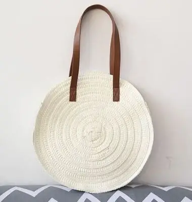 beige Винтажные повседневные круглые соломенные сумки для женщин из ротанга, плетеные женские сумки на плечо, Большая вместительная сумка-тоут, летняя пляжная сумка для путешествий - Цвет: beige