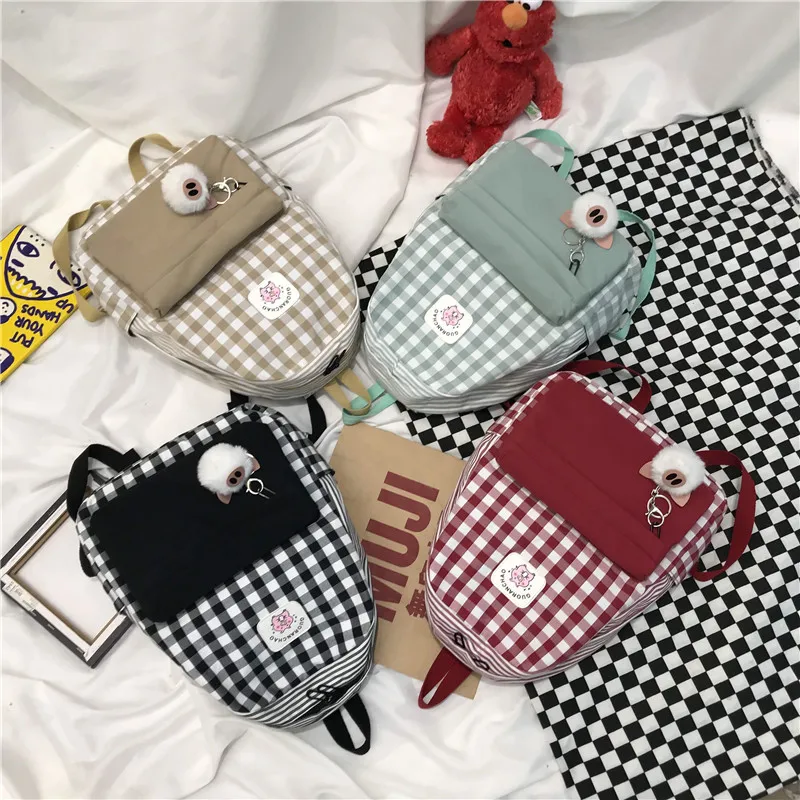 Student Female Pig Plaid Backpack Cute Women Canvas School Bags Girl Kawaii Backpack Fashion Book Ladies Teenage Bag Luxury New