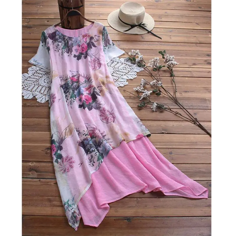 Новинка женское элегантное платье с коротким рукавом хлопковое льняное в стиле