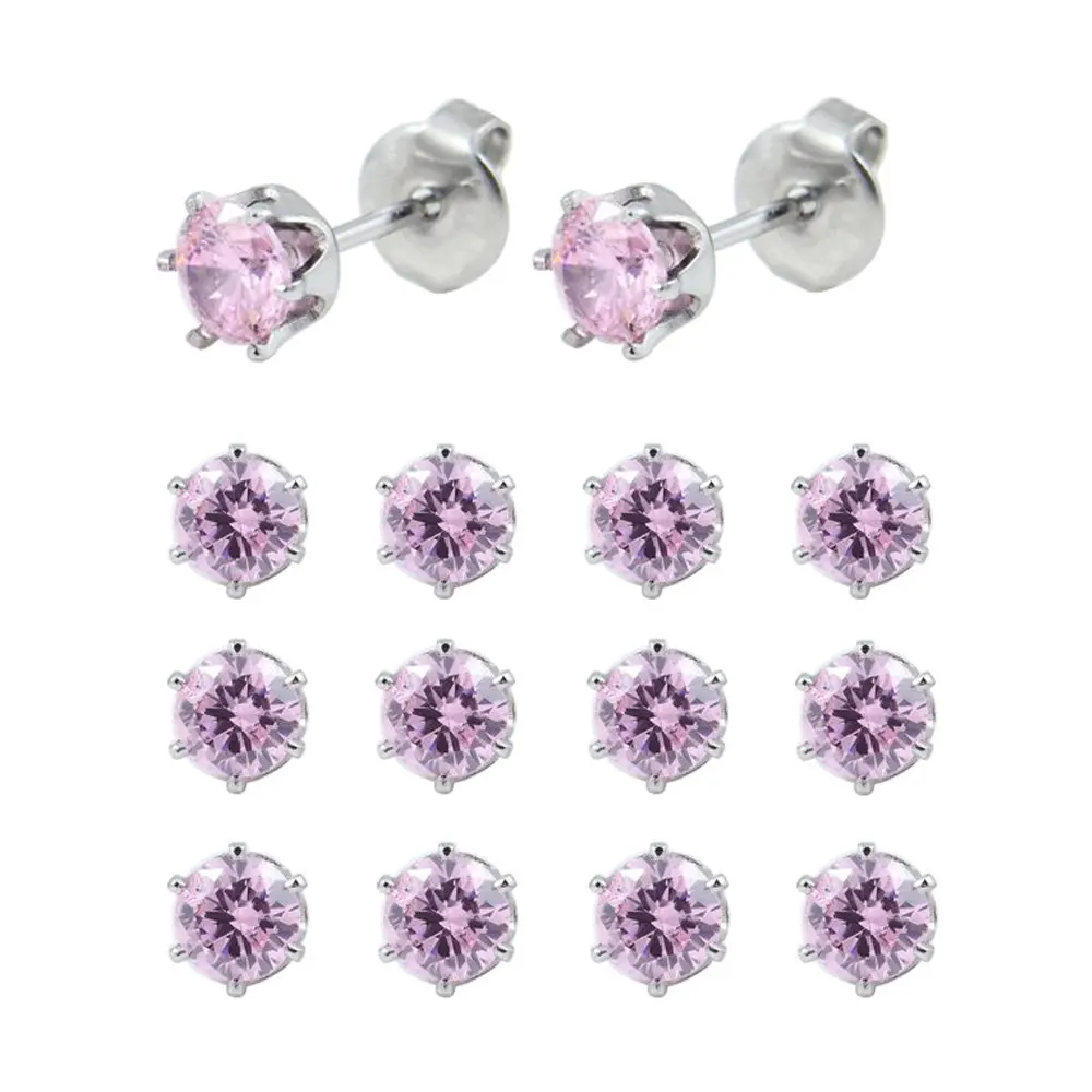 SS 5mm CZ Pink 12 пар хирургических серьги-гвоздики из нержавеющей стали с камнем рождения, серьги для пирсинга, серьги-гвоздики с кристаллами, ювелирные изделия в форме бабочки, короны, жемчуга, формы сердца - Окраска металла: SS 5mm CZ Pink