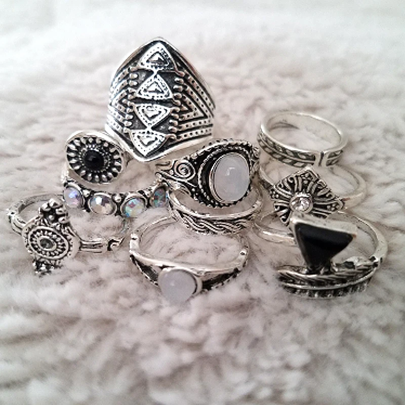 Набор женских колец в стиле ретро с листьями круглыми треугольными кристаллами