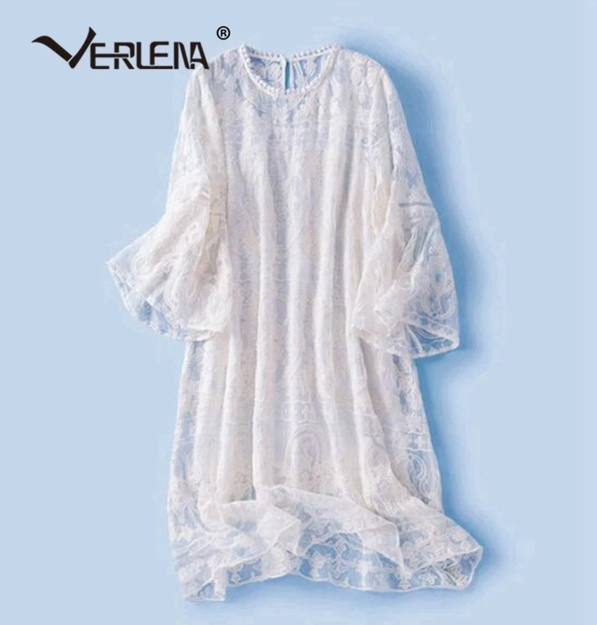 Verlena, одноцветное, винтажное, с вышивкой, шелковое, летнее платье, для женщин, половина рукава, свободное, негабаритное, прямое платье, милое, на подкладке, платья, новинка - Цвет: Белый