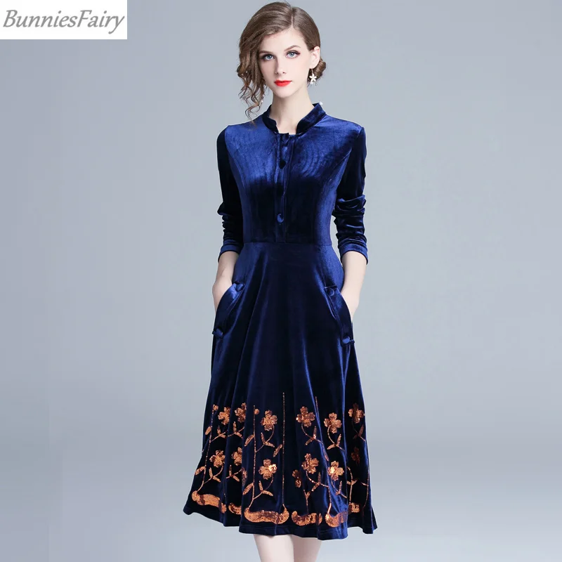 BunniesFairy 2019 весеннее женское винтажное вельветовое платье средней длины с