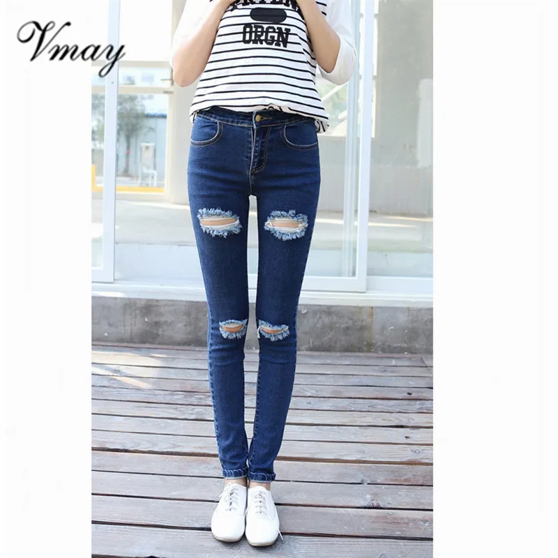 Vmay 2019 New Arrival Women Fashion Spring Summer Denim Pants Destroyed Knee Pencil |