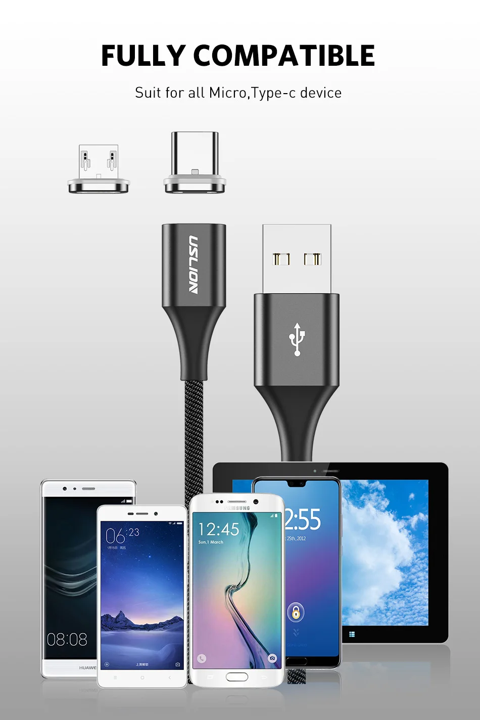 Магнитный кабель USLION, 3 А, кабель для быстрой зарядки usb type C и кабель Micro USB, магнитный кабель для зарядки и передачи данных, кабели для мобильных телефонов