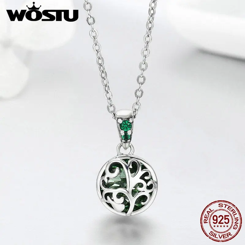 WOSTU хит продаж серебро 925 пробы Зеленый Кристалл дерево жизни листья дерева