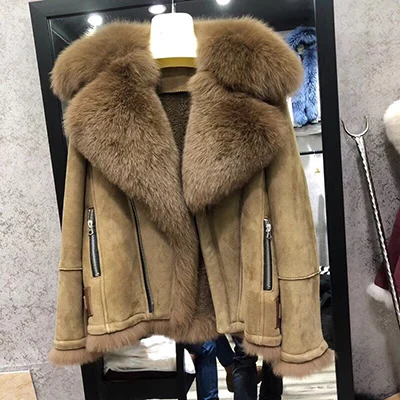 brown Зимнее женское пальто из натурального меха лисы с воротником из овечьего меха, мотоциклетная кожаная куртка размера плюс, толстое теплое пальто, новая мода - Цвет: brown