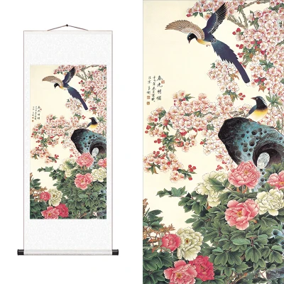 

Bright spring silk scroll painting living room study decoration