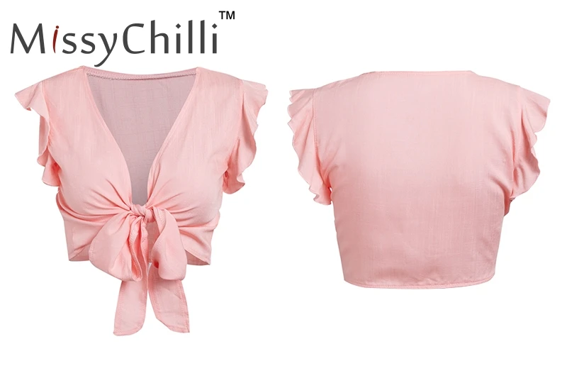 MissyChilli с оборками и бантом, v-образный вырез, плюс размер, женский укороченный топ, красный тонкий бандаж, Осенний топ на бретелях, женский зеленый Фитнес, повседневный Топ, футболка на бретельках
