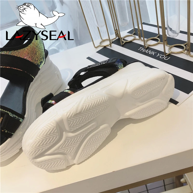 LazySeal; Новинка; босоножки на танкетке; женская обувь из блестящей ткани; Босоножки на платформе на застежке-липучке; обувь на толстой подошве; женская обувь; sandalias