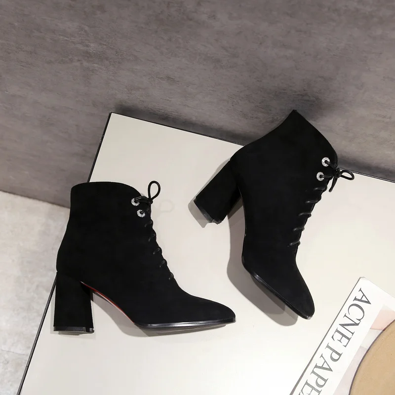 

QZYERAI New fall and winter 100% genuine leather women boots lace-up high heel ankle boots natural leather women shoes