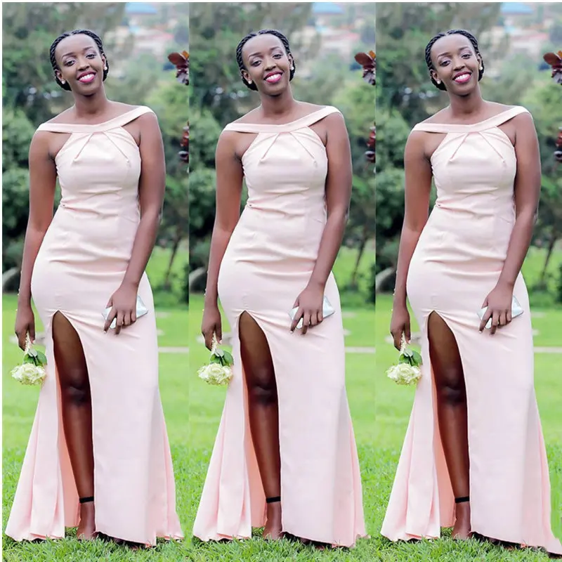 

Sexy Halter Mermaid Wedding Guest Dress Long Light Pink Sleeveless Formal Dress for Wedding Party Robe Demoiselle D'honneur