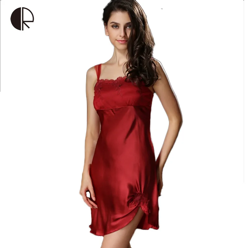100% атласный шелк 2016 летняя женская ночная рубашка на бретелях в стиле ретро