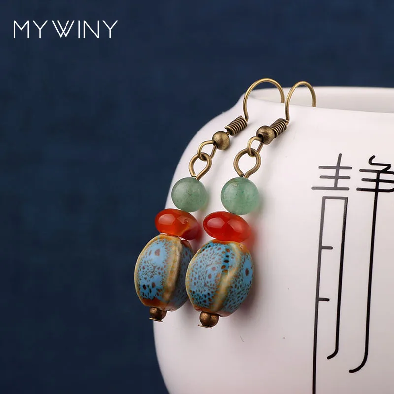 Женские винтажные серьги MYWINY зеленые с керамическими бусинами в этническом