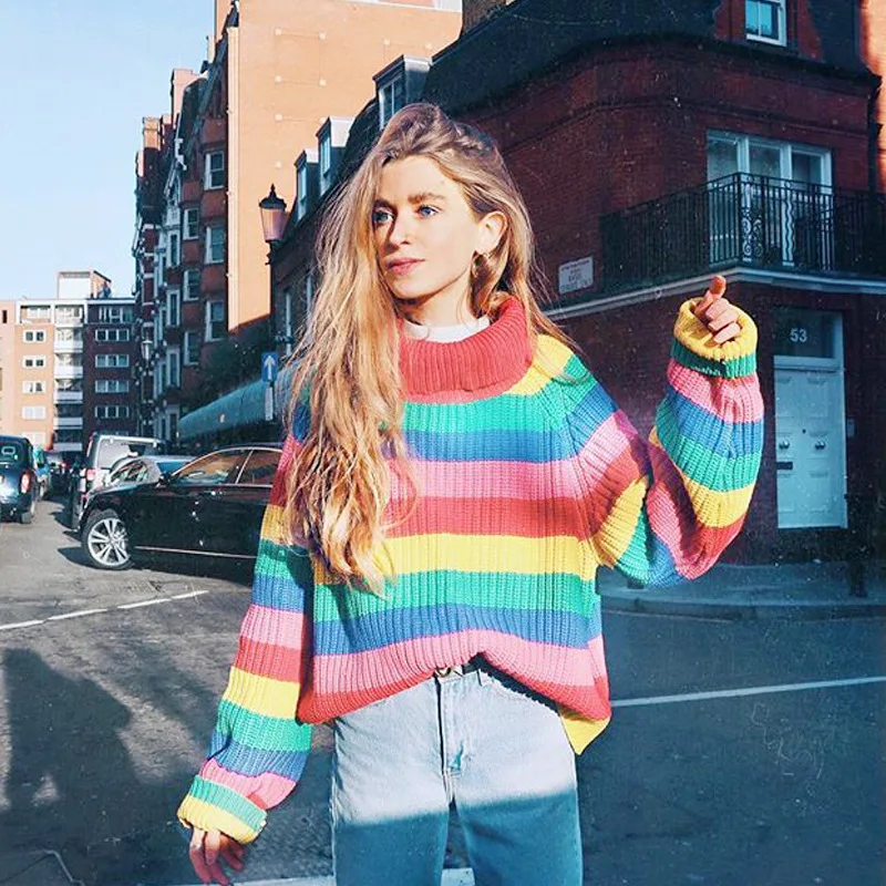 CHRLEISURE Ladies Sweater Rainbow Color Loose High Collar Long-sleeved Knit Autumn And Winter Women's Women | Женская одежда