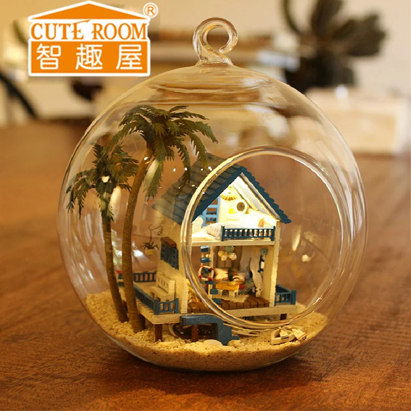 Милый 3D стеклянный Миниатюрный Кукольный домик деревянная игрушка Diy кукольный с
