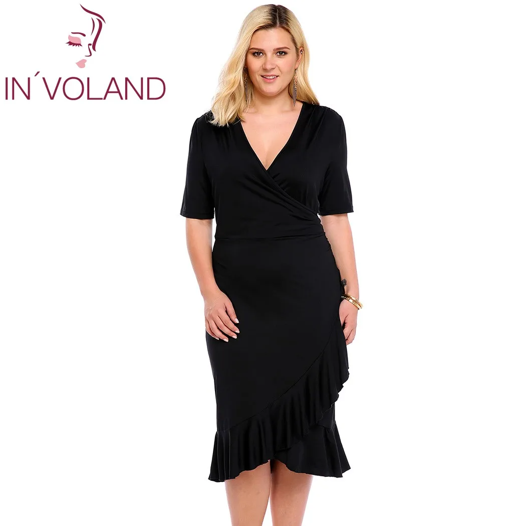 Женское винтажное платье IN'VOLAND облегающее однотонное размера плюс с глубоким v