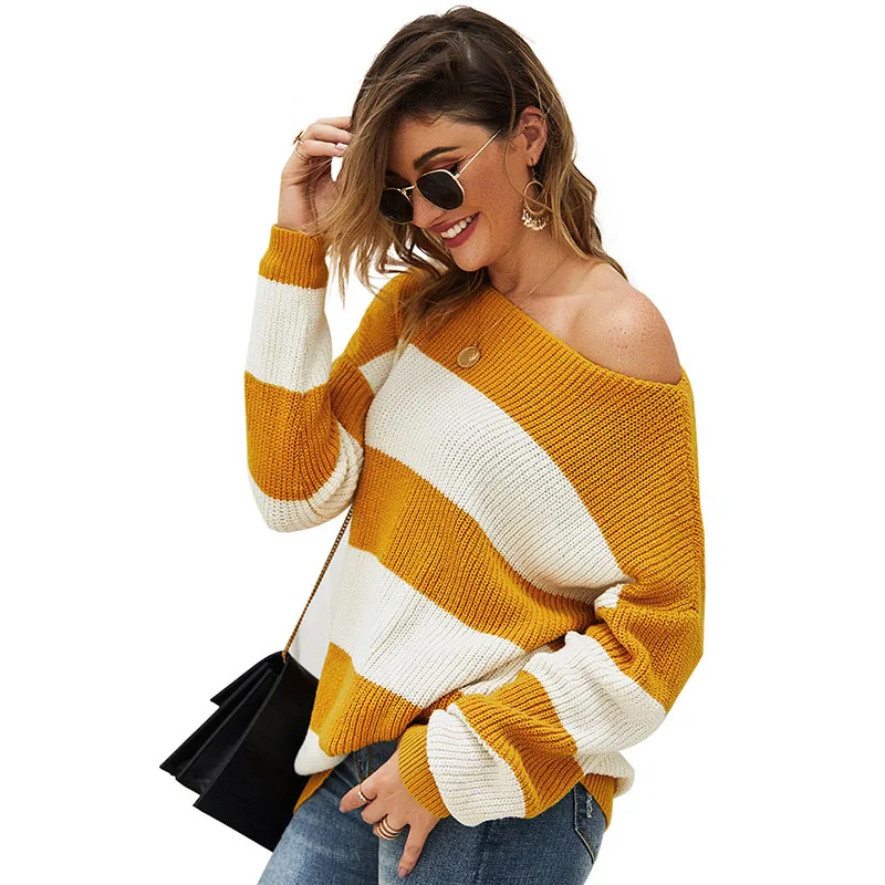 Autumn Women Off The Shoulder Pullovers Jumpers Sexy Striped Sweater Knitted Loose Casual Warm 2019 Mujer Pullover | Женская одежда