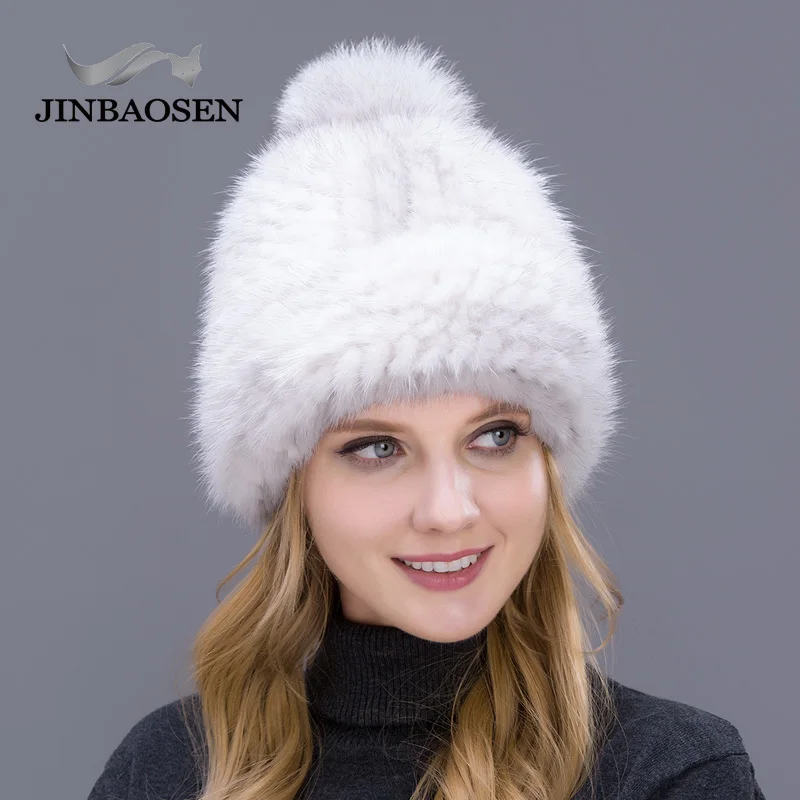 JINBAOSEN новая Толстая шапка женская зимняя вязаная с помпоном из лисьего меха