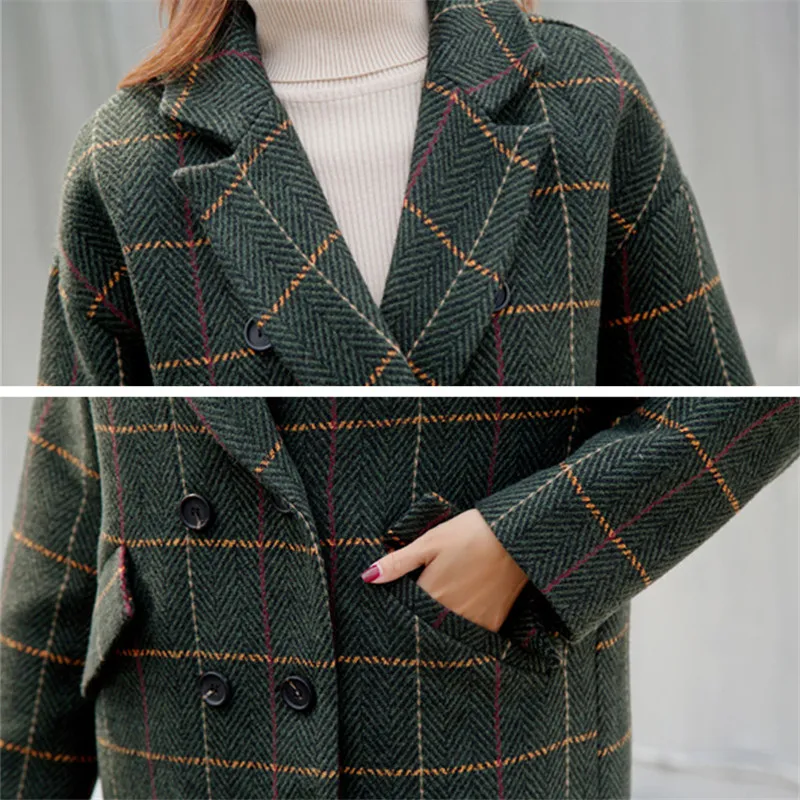Женское шерстяное пальто двубортное средней длины в клетку Cw147 Осень-зима