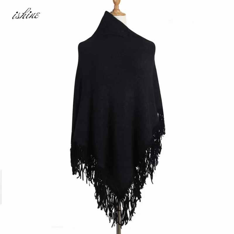 Женский осенне-зимний вязаный шерстяной свитер пончо шаль однотонный пуловер