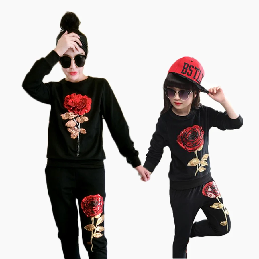 

2019 New Winter Style Family Matching Outfits Mother And Daughter Long Sleeve Rose Floral Sweatshirt+Pants 2Pcs Suit