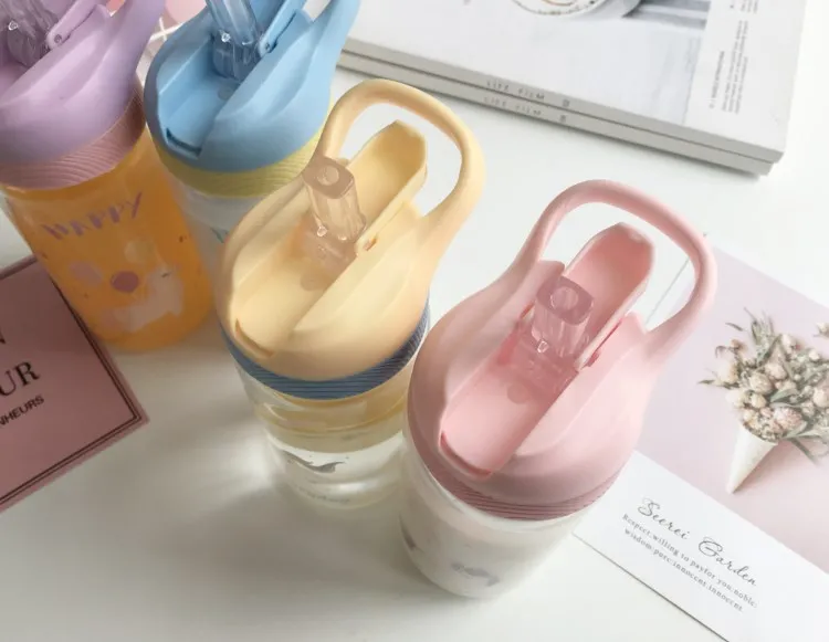 Стеклянная бутылка для воды в виде единорога с соломинкой и ручкой для переноски, герметичная крышка для девочек, для путешествий, для чая, без бисфенола, розовый, 500 мл