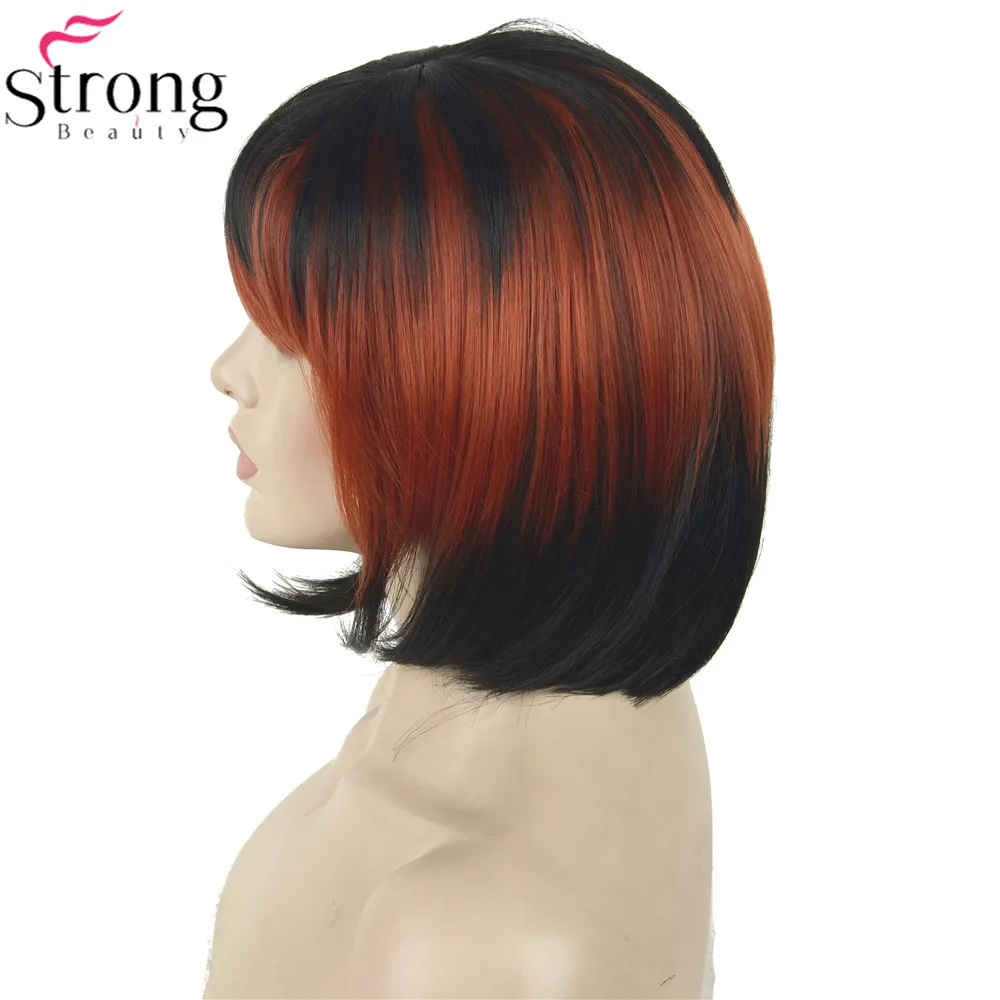 StrongBeauty парик для косплея красный/черный микс аккуратный взрыва Боб стрижка женский синтетический парик