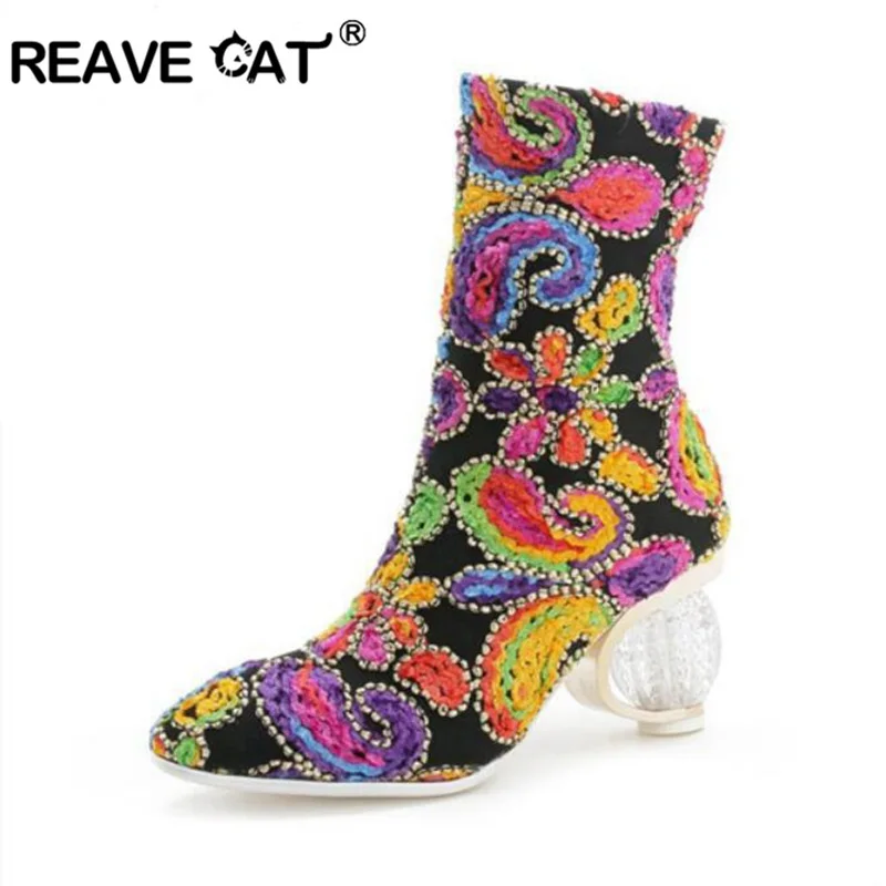 Женские короткие ботинки с цветочным принтом REAVE CAT прозрачные до середины икры