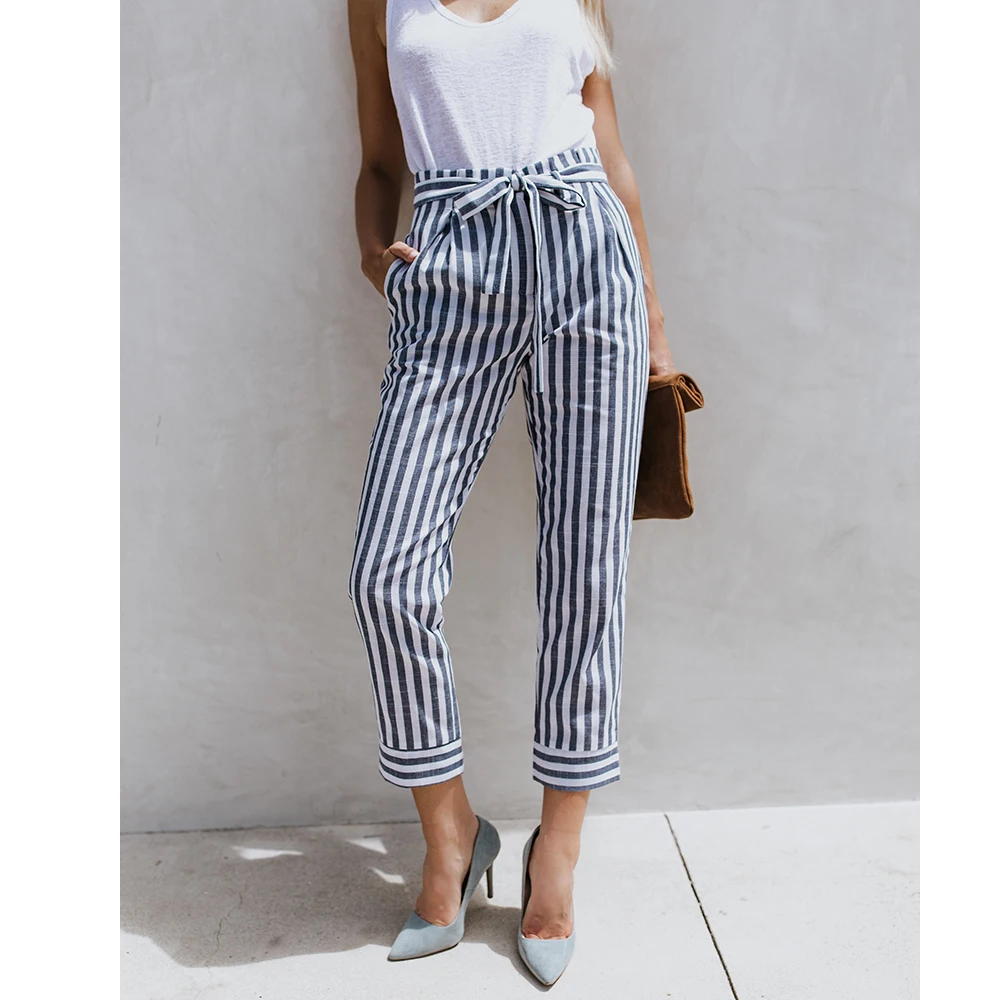 Синие полосатые узкие брюки женские карманные OL Стиль рабочие 2018 весна Высокая